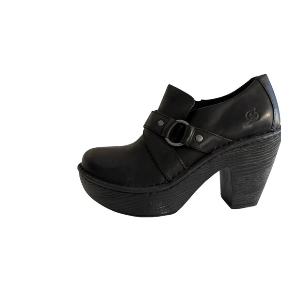 Born Onega Chunky Clogs Block Heels Harness Strap Black Leather Womens 6 - Picture 3 of 10